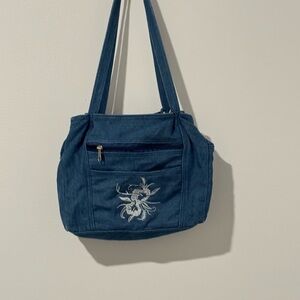 Vintage Style Denim Shoulder Bag with White Floral Embroidery & Zipper Pockets